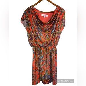 9 & Co orange paisley cowl neck elastic waist dress ladies 2 short sleeve